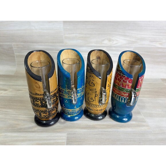 Handmade North Africa Olive Wood 4 Shot Mugs Hand Crafted Glass Mugs Colorful - Picture 4 of 10